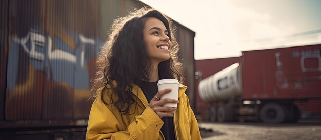 Foto mujer latina disfrutando de un café en el patio del ferrocarril con espacio para texto