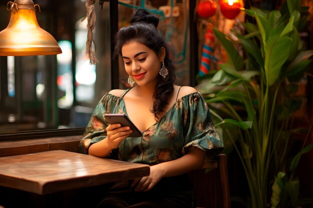 Mujer latina en un restaurante Estilo de vida digital en Colombia