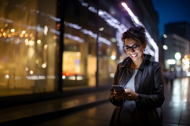 Mujer latina sonriendo y mirando su teléfono en la calle por la noche