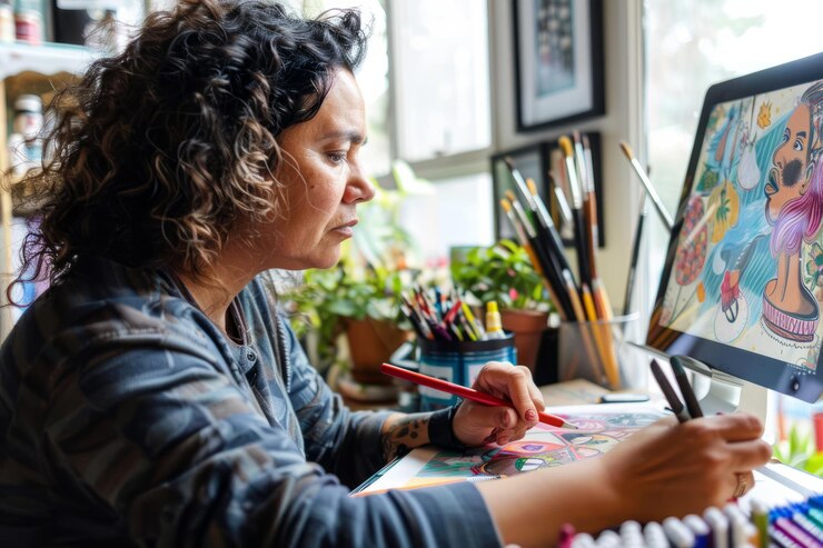 Foto una mujer latinoamericana creando arte digital desde un estudio casero con tabletas y software de dibujo