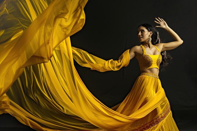 Foto mujer latinoamericana en vestido de color mostaza con tela voladora