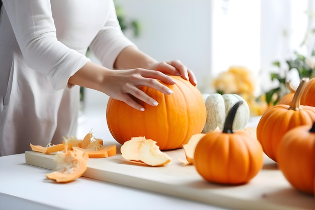 Foto una mujer lava una calabaza grande con agua de un grifo preparación del día de acción de gracias para la ai de vacaciones