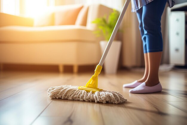 Mujer lavando el suelo con un trapeador Servicio de limpieza