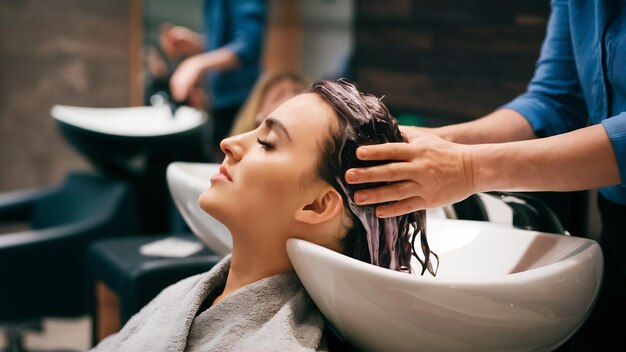 Foto mujer lavándose el cabello en un salón