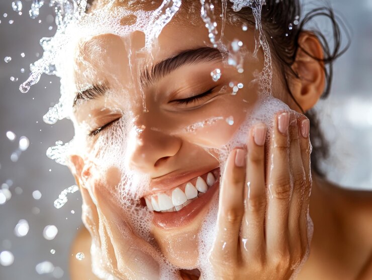 Mujer lavándose la cara con agua limpia y una sonrisa suave