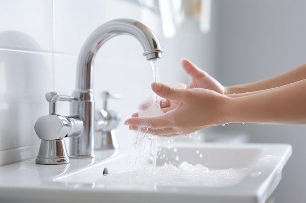 Mujer lavándose las manos debajo del grifo de agua