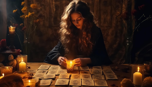 Foto mujer lector de tarot con cartas en la noche mística