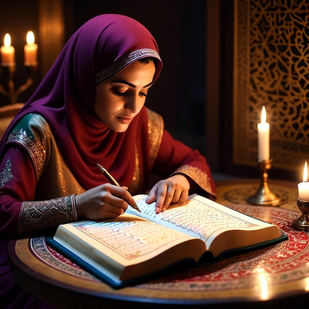 Foto una mujer lee un libro con una vela en el fondo