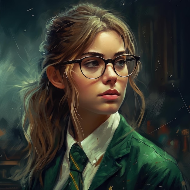 Una mujer con lentes y una chaqueta verde que dice harry potter.