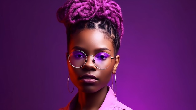 Una mujer con lentes morados y cabello morado.