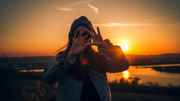 Una mujer levanta las manos frente a una puesta de sol.