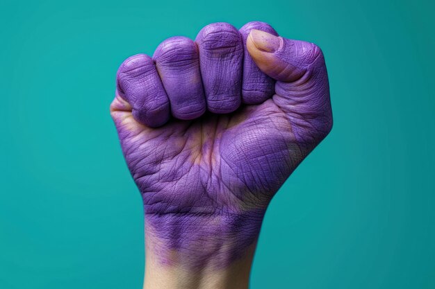 Foto una mujer levanta un puño púrpura para el día internacional de la mujer