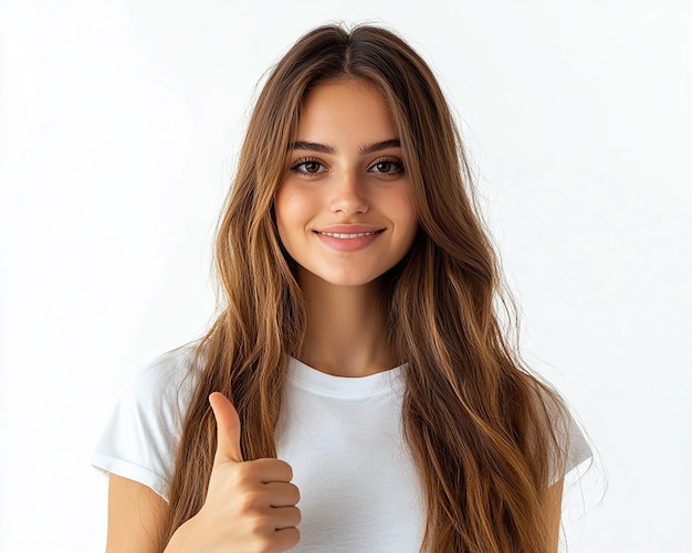 La mujer levantando el pulgar