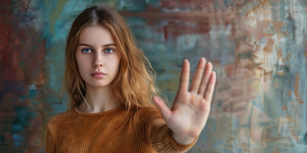 Foto una mujer levantó la mano para disuadir el abuso, detener la violencia contra las mujeres, detener el acoso sexual y la violación.