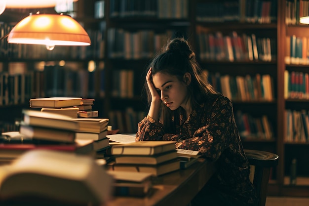 Foto una mujer leyendo en una biblioteca de ia generativa