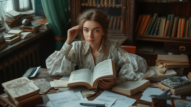 Mujer leyendo en la biblioteca con muchas hojas y papel en la mesa estantes de libros de fondo