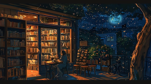 Foto una mujer está leyendo un libro en una acogedora librería la tienda está abierta hasta tarde y la luna está brillando afuera