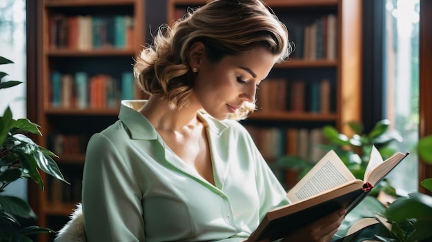 Mujer leyendo un libro en una biblioteca