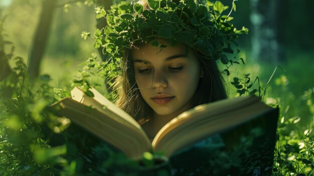 Foto mujer leyendo un libro en el bosque fuga pacífica a la naturaleza soledad día del libro