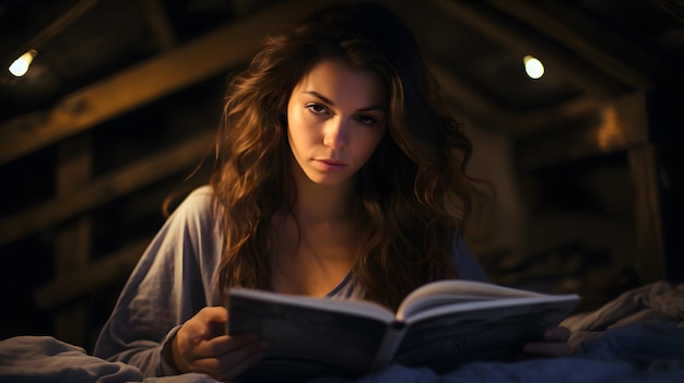 mujer leyendo un libro en la cama por la noche con luz proveniente de la ventana IA generativa