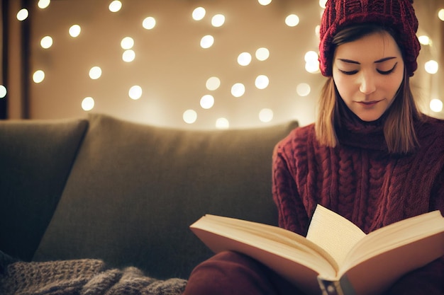 Mujer leyendo un libro en casa en un acogedor sofá espectacular enfoque y relajación