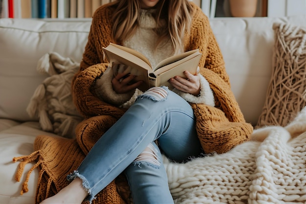 Foto mujer leyendo un libro en casa sentada en vaqueros