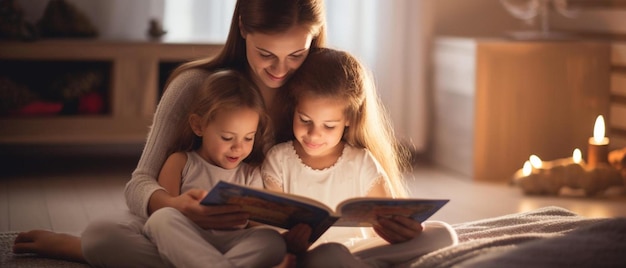 una mujer leyendo un libro a dos niñas