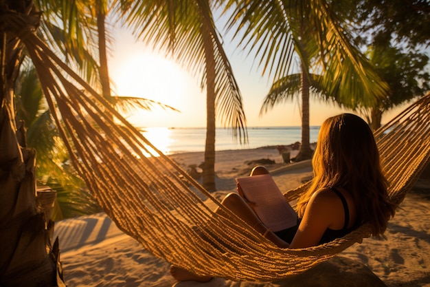 Foto mujer leyendo un libro en una hamaca entre palmeras