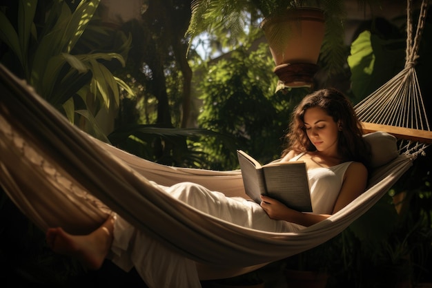 Mujer leyendo un libro en una hamaca