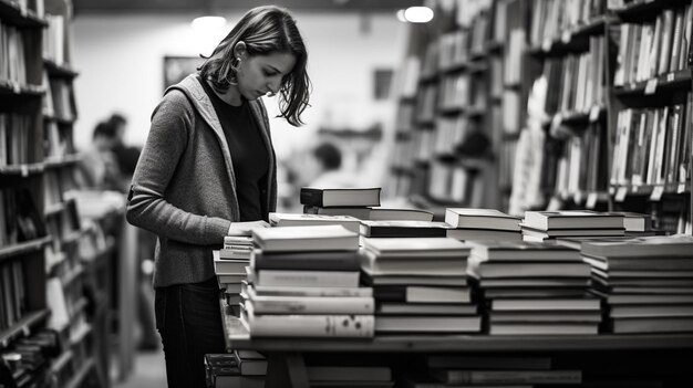 Foto mujer leyendo un libro en una librería