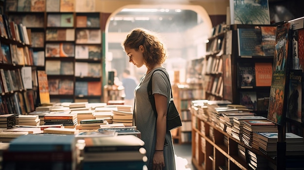 Foto mujer leyendo un libro en una librería