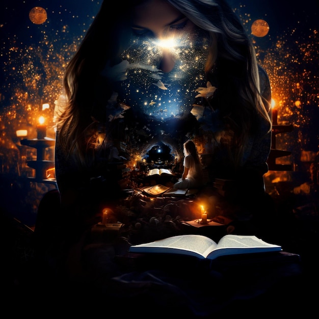 Foto una mujer está leyendo un libro con una luz en la parte superior.