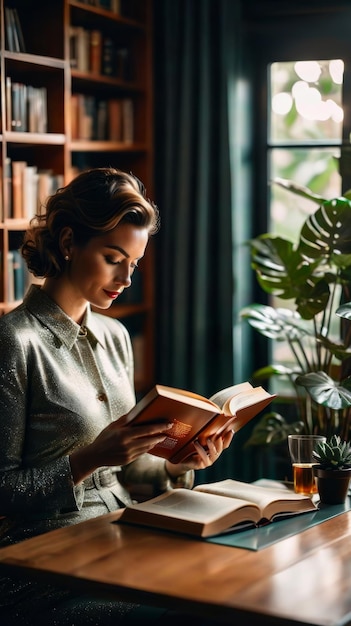 Mujer leyendo un libro en la mesa