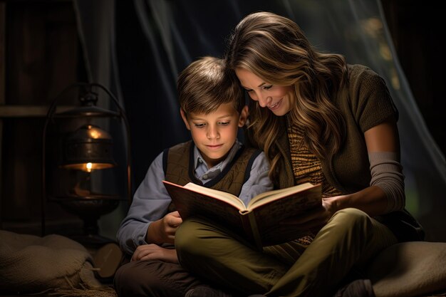 Una mujer leyendo un libro a un niño