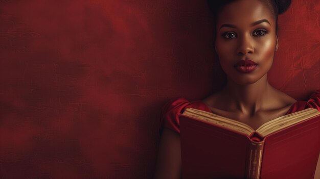 Mujer leyendo un libro con una portada roja