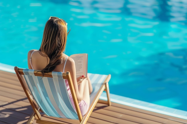 Mujer leyendo un libro en una silla de cubierta junto a la piscina