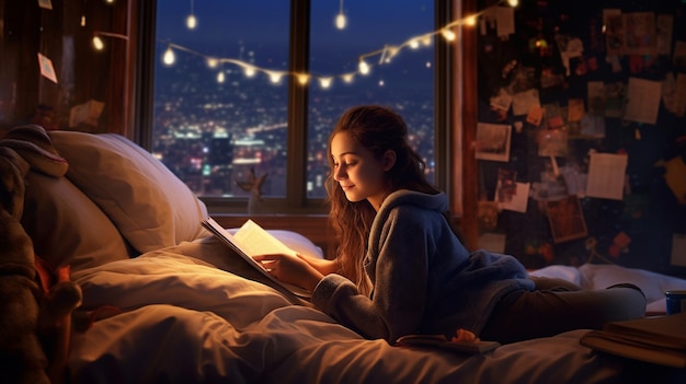 Una mujer leyendo un libro en su cama por la noche.