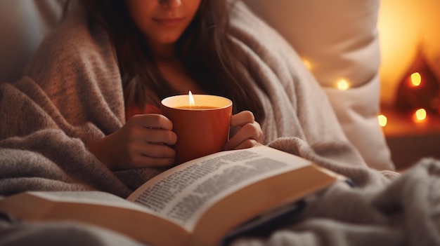 mujer leyendo un libro con té en casa de cerca