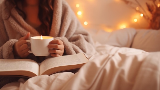 mujer leyendo un libro con té en casa de cerca