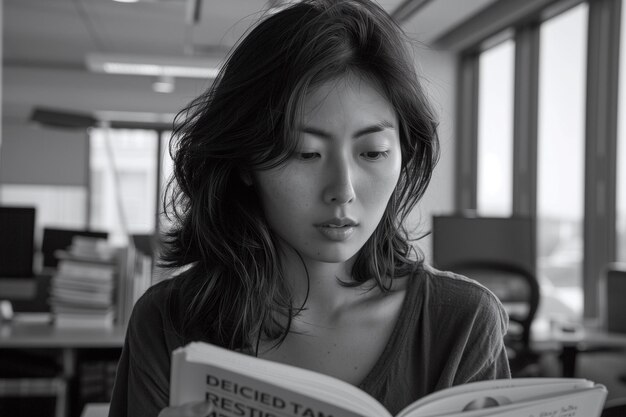 Foto una mujer está leyendo un libro titulado diseñado para renunciar