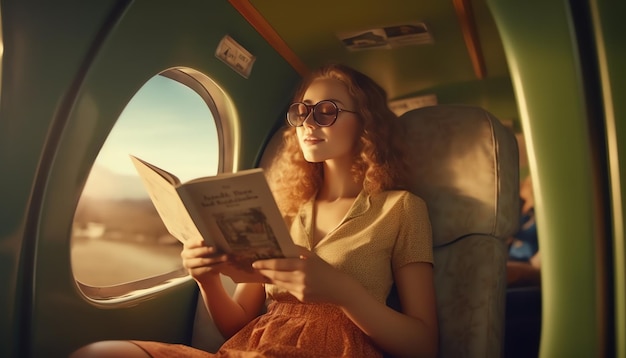 Una mujer leyendo un libro en un vagón de tren.
