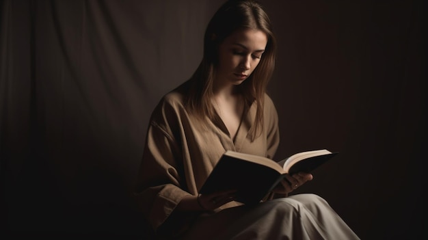 Mujer leyendo libro vista frontal