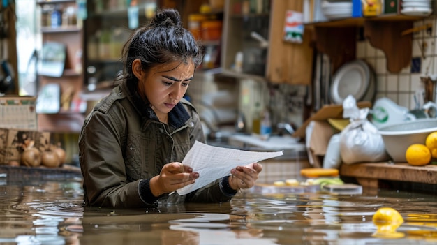 Mujer leyendo papel en una cocina inundada