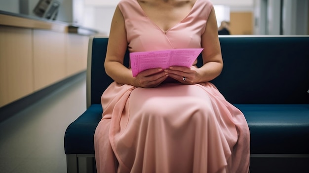 Mujer leyendo los resultados de una mamografía en una silla de hospital