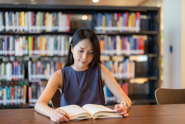 La mujer leyó el libro en la biblioteca.