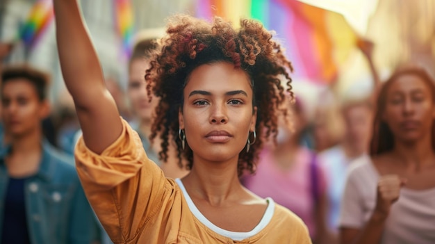 Mujer LGBT marchando en protesta con un grupo de manifestantes con el puño levantado en el aire como un signo de unidad para la diversidad e inclusión