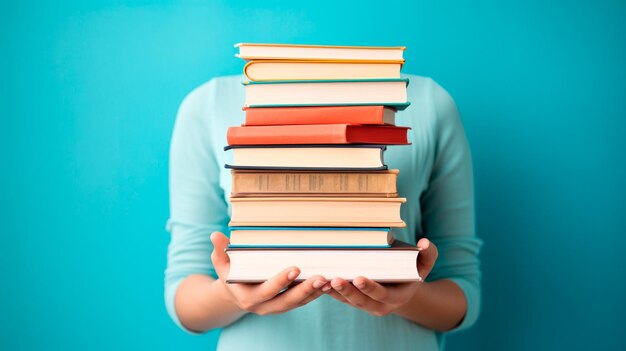 mujer con libros en la biblioteca