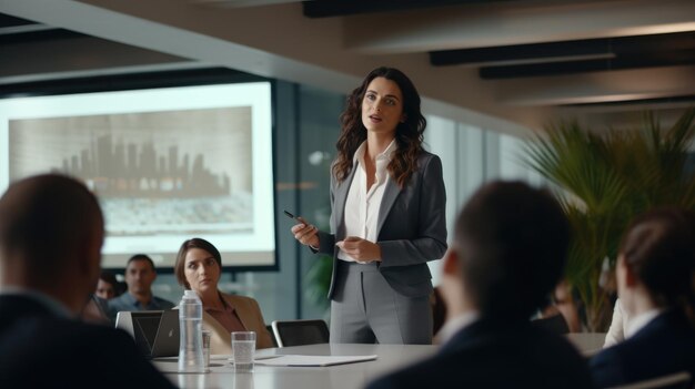 Foto una mujer líder empresarial da una presentación en una sala de conferencias e inspira a una audiencia atenta