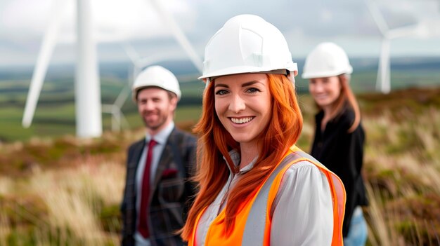 Mujer lidera el equipo de mantenimiento en la granja de energía de molino eólico