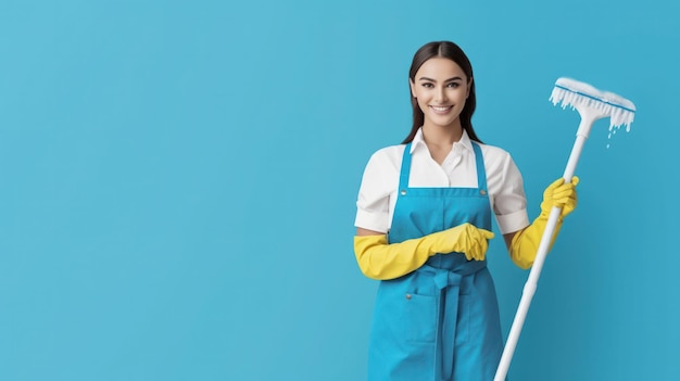 Mujer limpiador retrato uniforme oficina y servicios de limpieza del hogar concepto fondo azul brillante